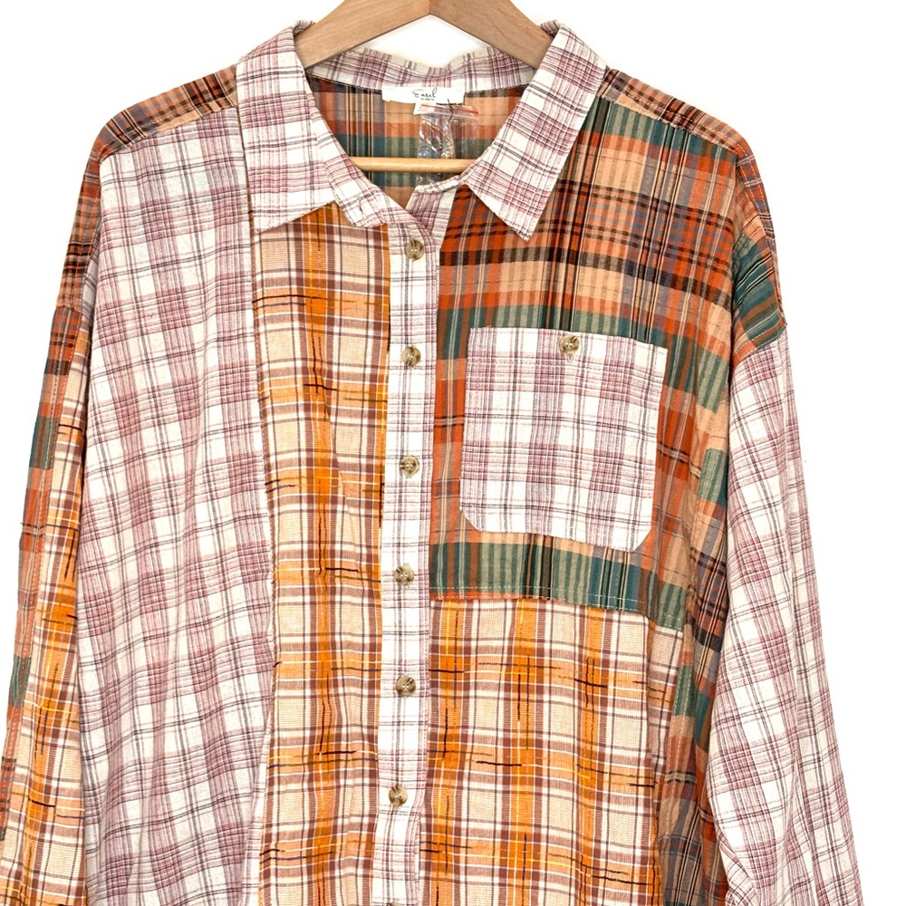 Easel Patchwork Plaid Button Down Shirt Shacket S… - image 3